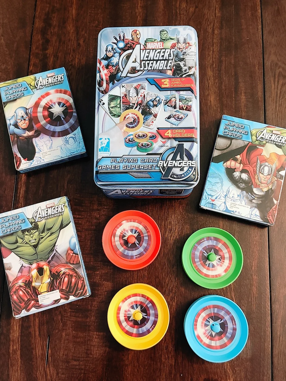 Avengers Assemble Kids Playing Card Game Set with Colorful Spinning Tops